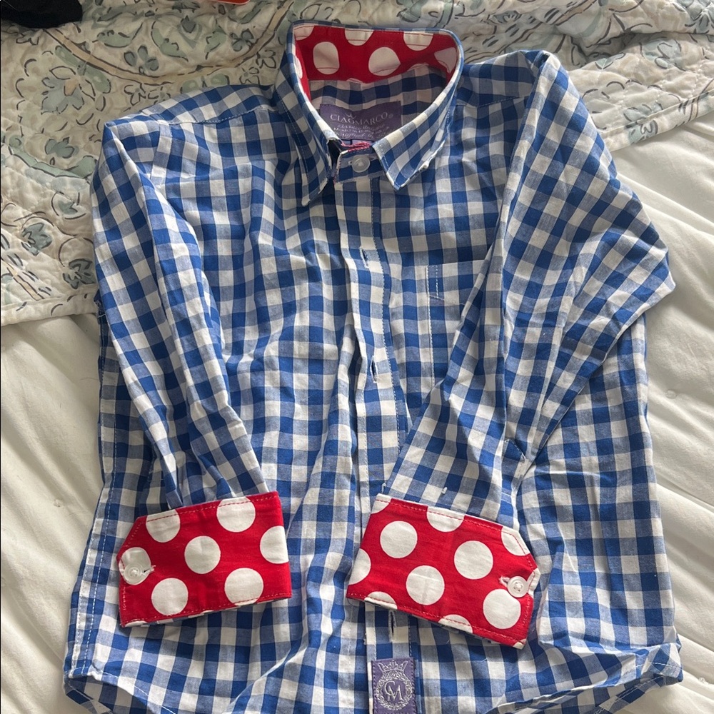 Blue Gingham Kids Shirt with Red Polka Dot Accents
